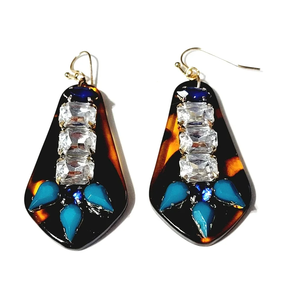 Contemporary Dangle Pierced Earrings 2.5” Bejeweled Tortoise Lucite Diva KP-73
